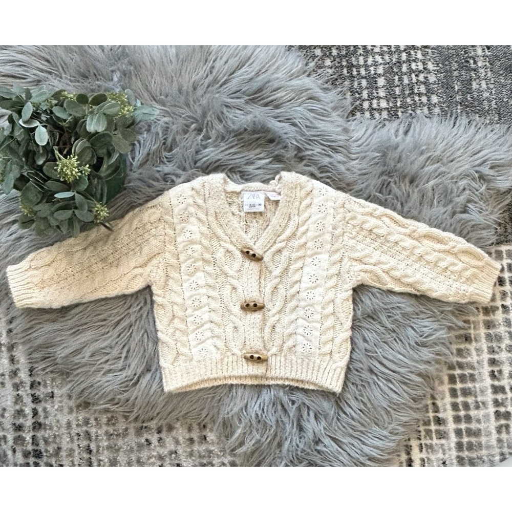 Zara Baby Girls Cable Knit Chunky Sweater With Wooden Beads And Lace Size 9-12m